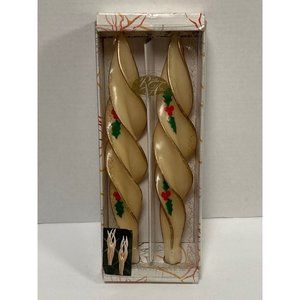 Robert Alan Candle Co Swirl Feather Taper Set Holly Christmas 12" Ivory w/ Gold